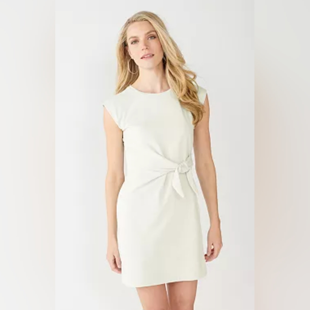 NINE WEST, Short Sleeve Side-Knot Knit Dress, White, Size Large